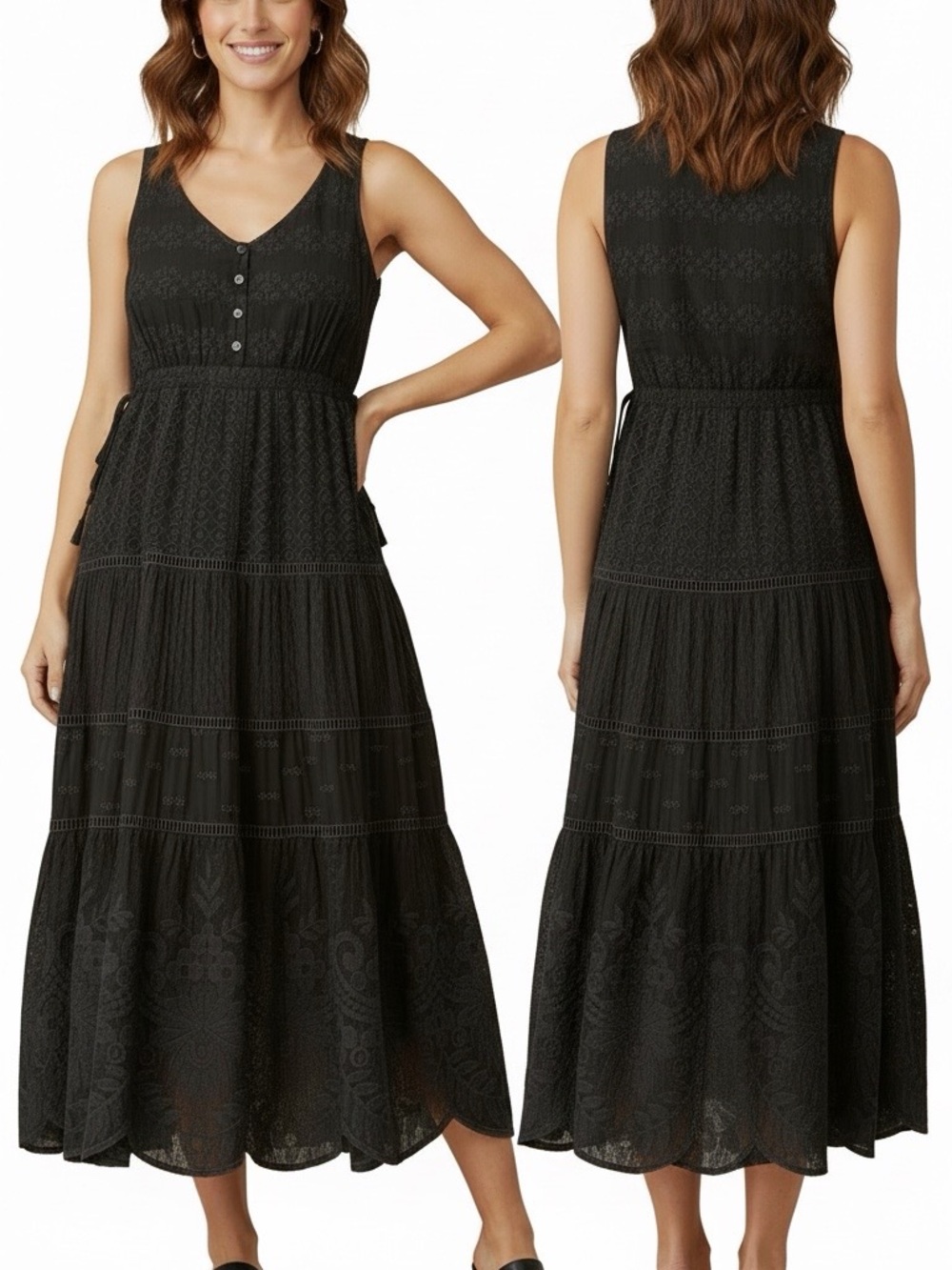 Johnny Was Black Winter Tiered Lined Embroidered Eyelet Maxi Dress Small